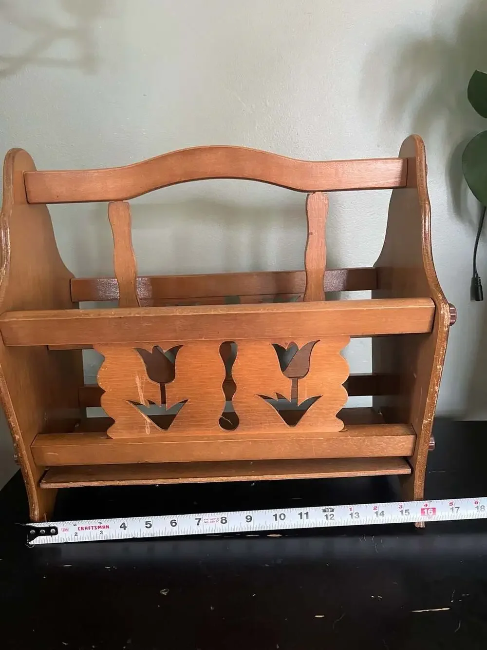 Vintage Wooden Magazine Rack with Tulip Cut-Outs